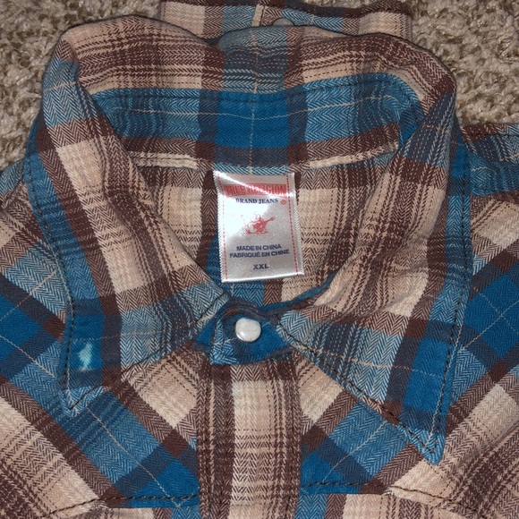 True Religion Mens Blue Brown Plaid Flannel LS Western Pearl Snap Up Shirt SZ 2X - Picture 2 of 4